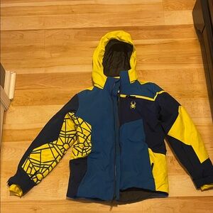 Spyder Kids Blue and Yellow Geometric ski Jacket- Size 16